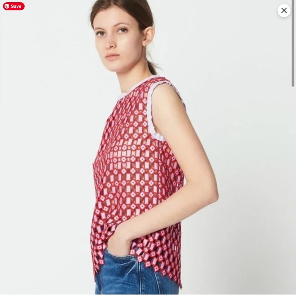 SANDRO PARIS "Yonna" Geometric Openwork Lace Rouge Top - Picture 3 of 8